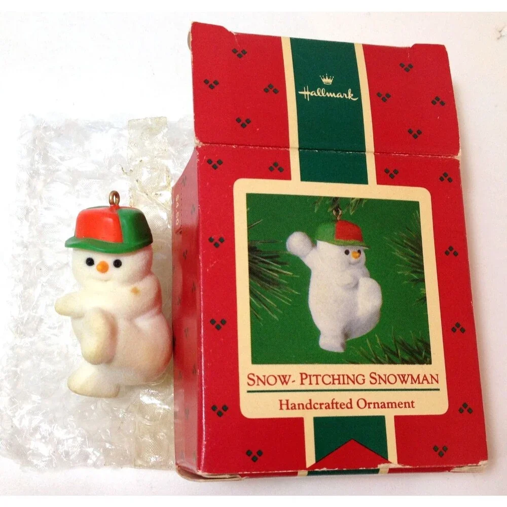 Vintage Hallmark Snow Pitching Snowman 1985 Keepsake Ornament in Original Box